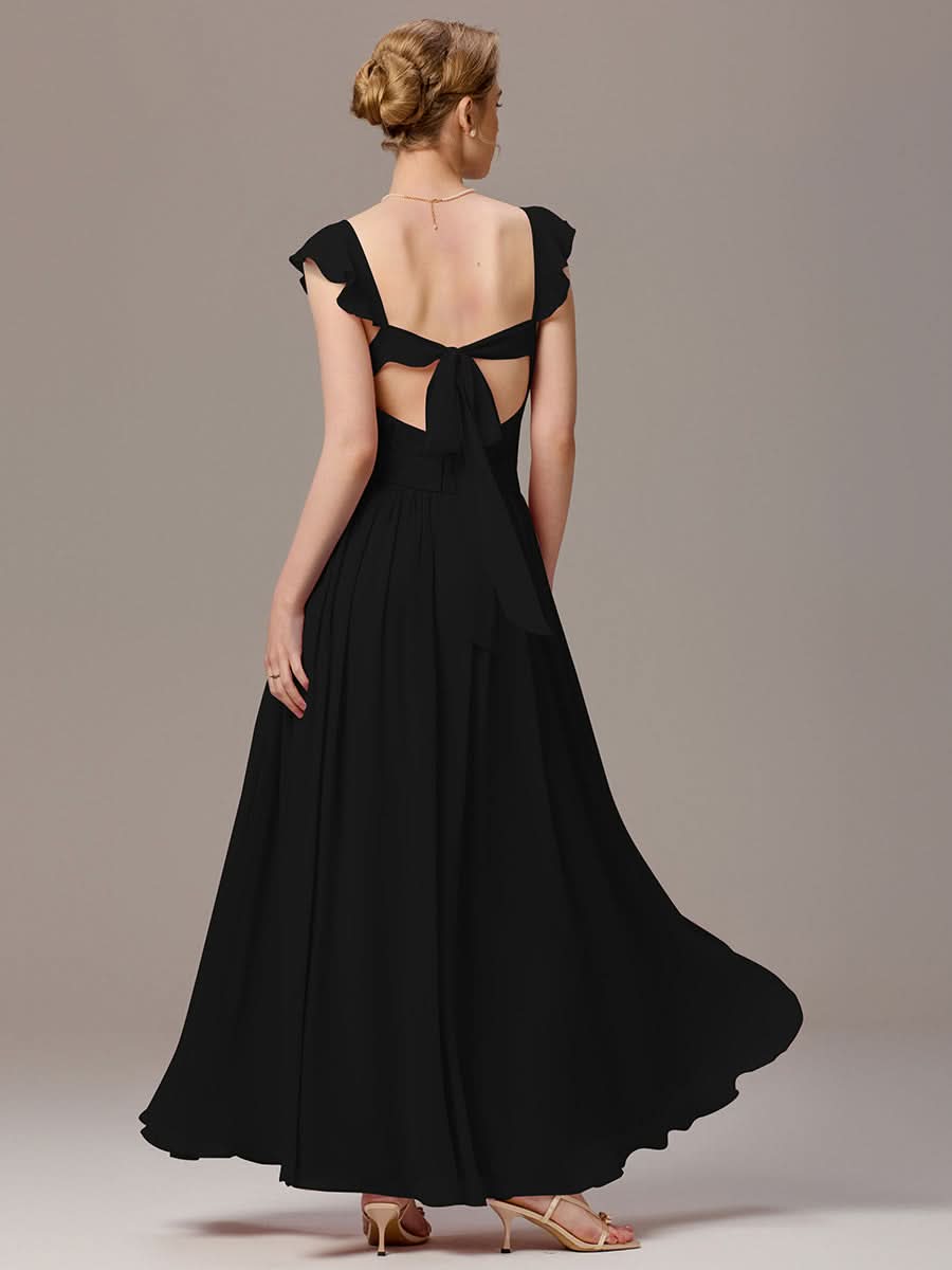 Back-Tie Pleated Ruffles Sleeves Maxi Bridesmaid Dress #color_Black