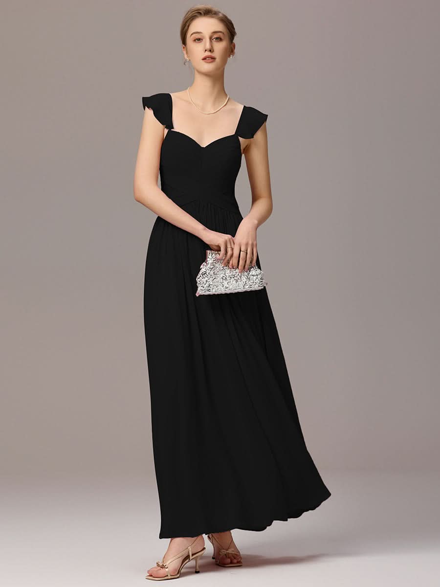 Back-Tie Pleated Ruffles Sleeves Maxi Bridesmaid Dress #color_Black