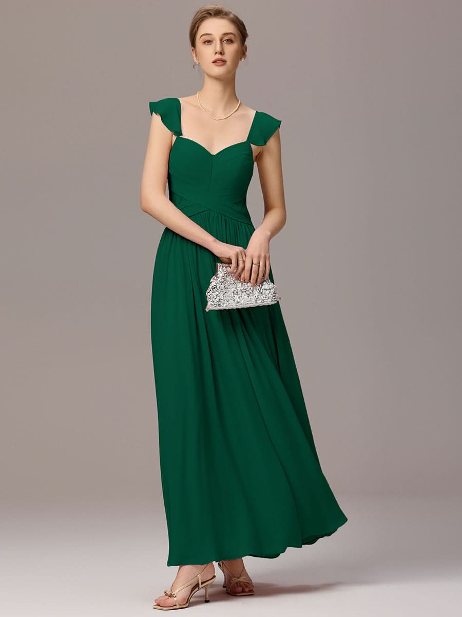 Back-Tie Pleated Ruffles Sleeves Maxi Bridesmaid Dress #color_Dark Green