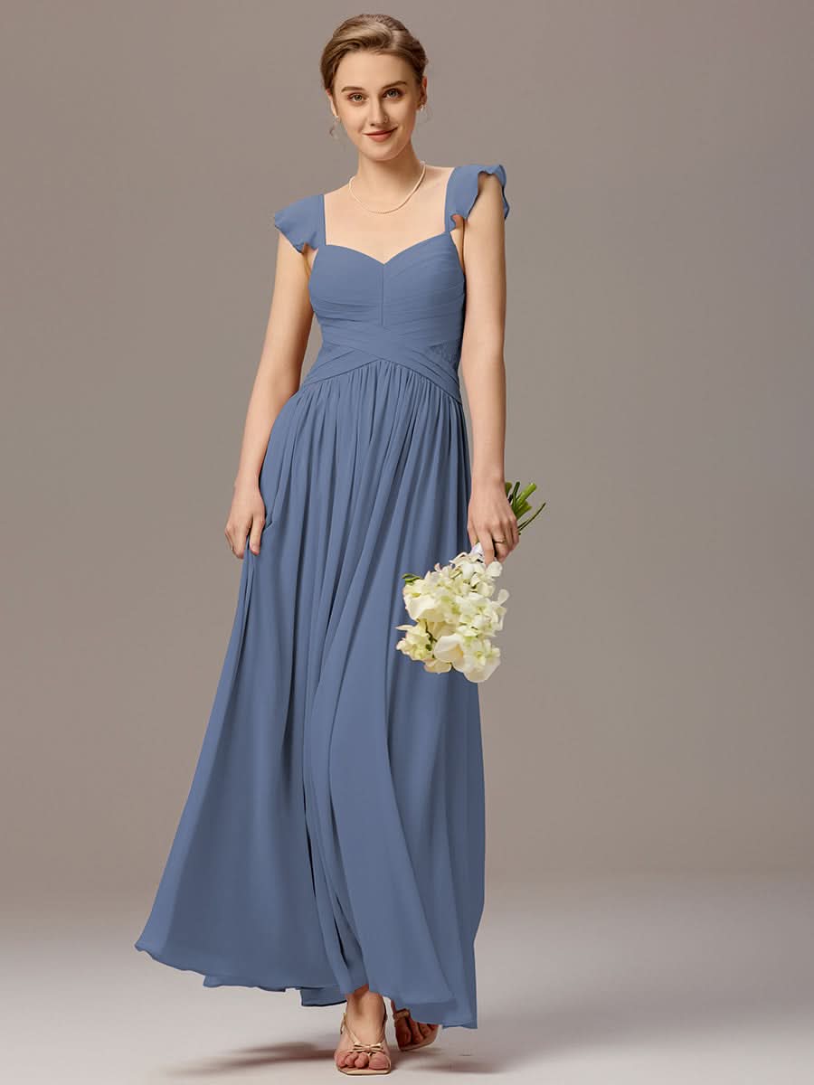 Back-Tie Pleated Ruffles Sleeves Maxi Bridesmaid Dress #color_Dusty Blue