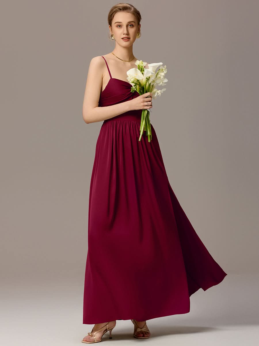 Satin Pleated Back-Tie Sleeveless Maxi Bridesmaid Dress #color_Burgundy