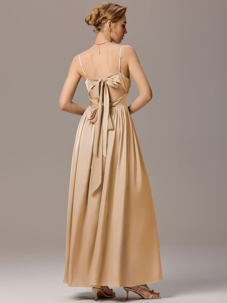 Satin Pleated Back-Tie Sleeveless Maxi Bridesmaid Dress #color_Champagne