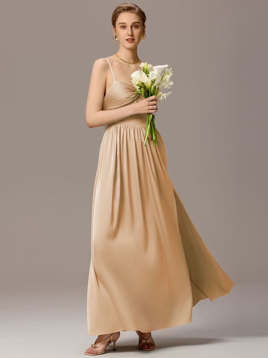 Satin Pleated Back-Tie Sleeveless Maxi Bridesmaid Dress #color_Champagne