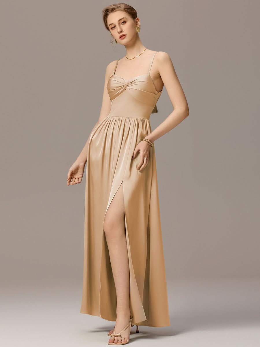 Satin Pleated Back-Tie Sleeveless Maxi Bridesmaid Dress #color_Champagne