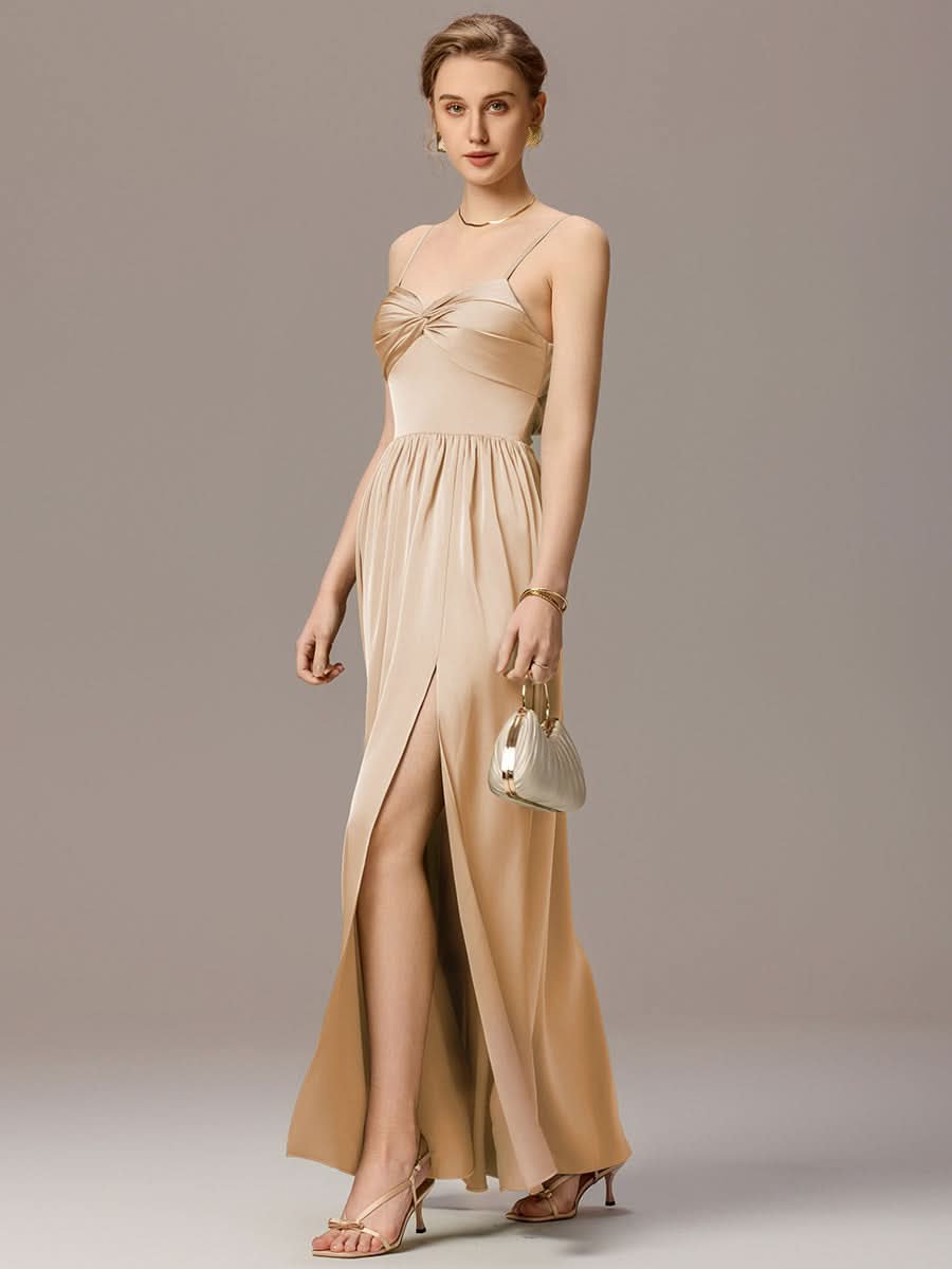Satin Pleated Back-Tie Sleeveless Maxi Bridesmaid Dress #color_Champagne