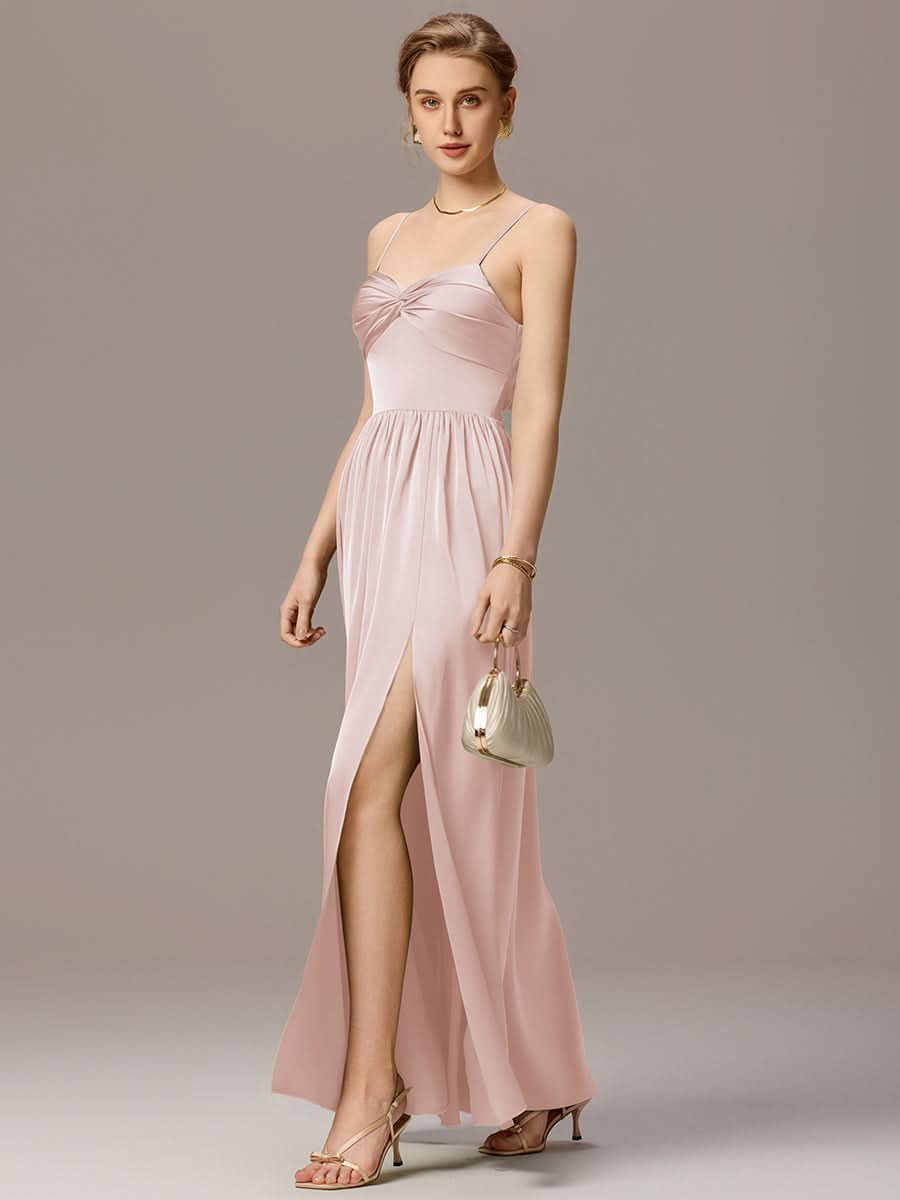 Satin Pleated Back-Tie Sleeveless Maxi Bridesmaid Dress #color_Pink