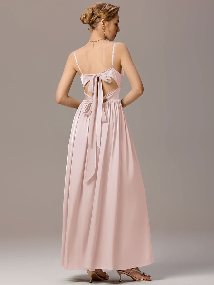 Satin Pleated Back-Tie Sleeveless Maxi Bridesmaid Dress #color_Pink