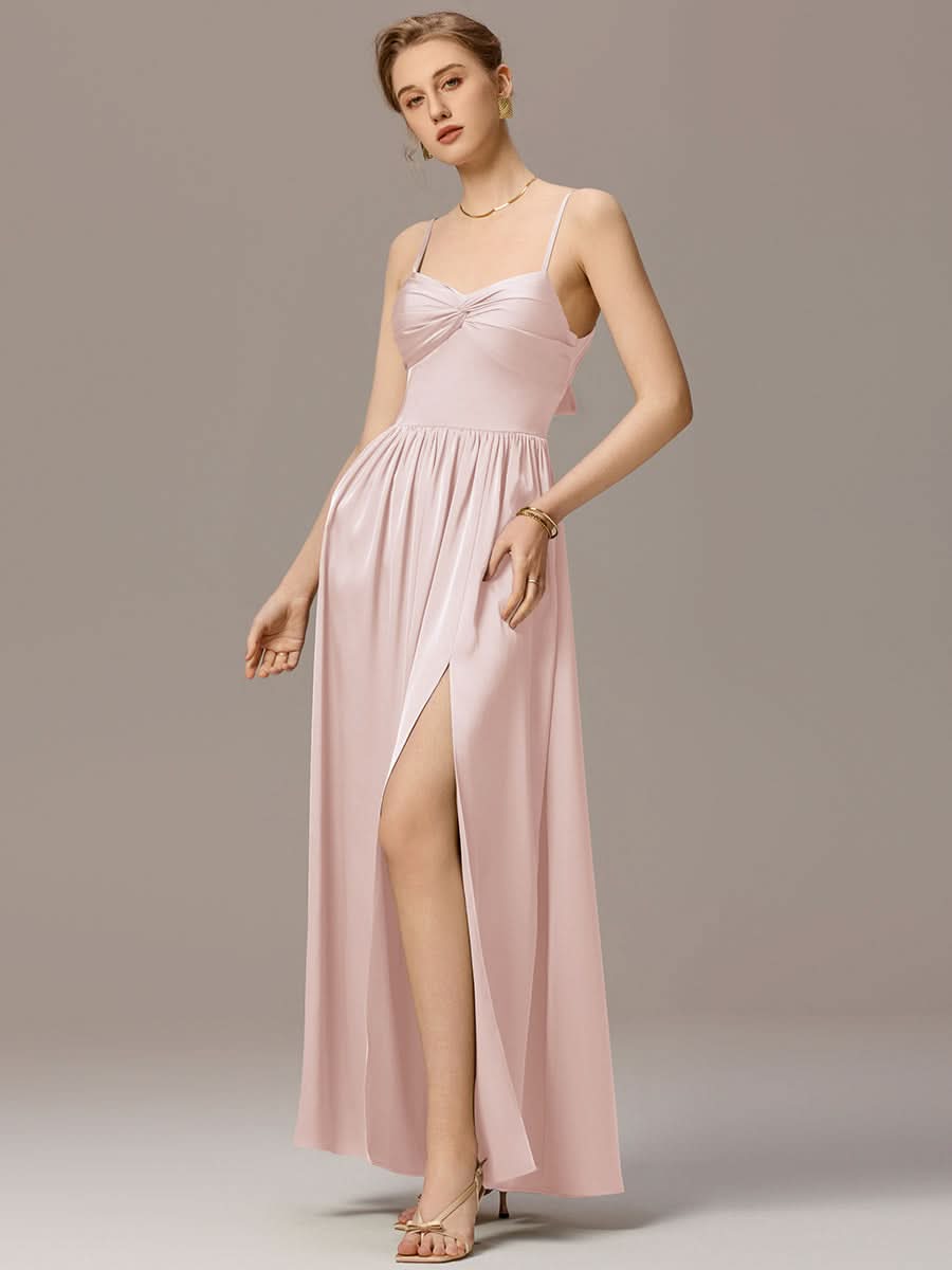 Satin Pleated Back-Tie Sleeveless Maxi Bridesmaid Dress #color_Pink
