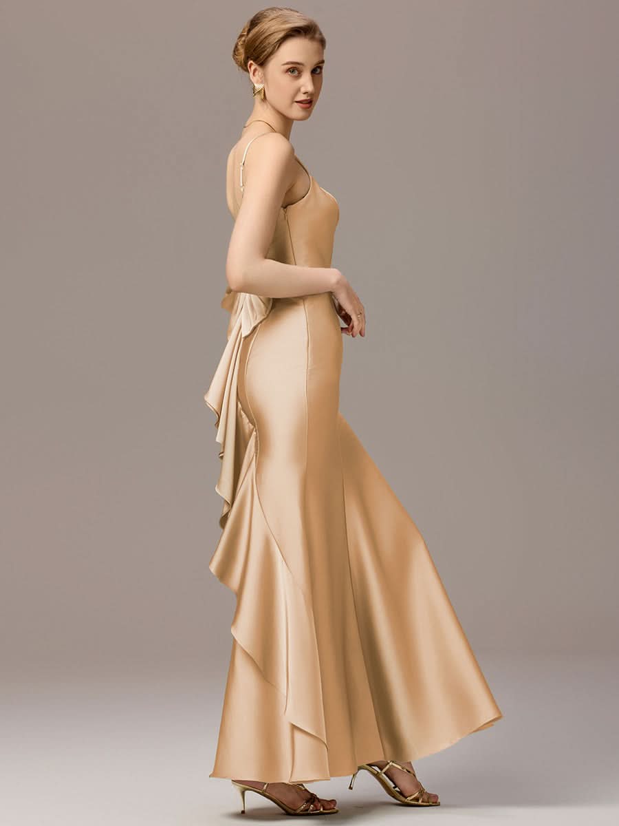 Mermaid Bow Stretch Satin Maxi Bridesmaid Dress #color_Champagne