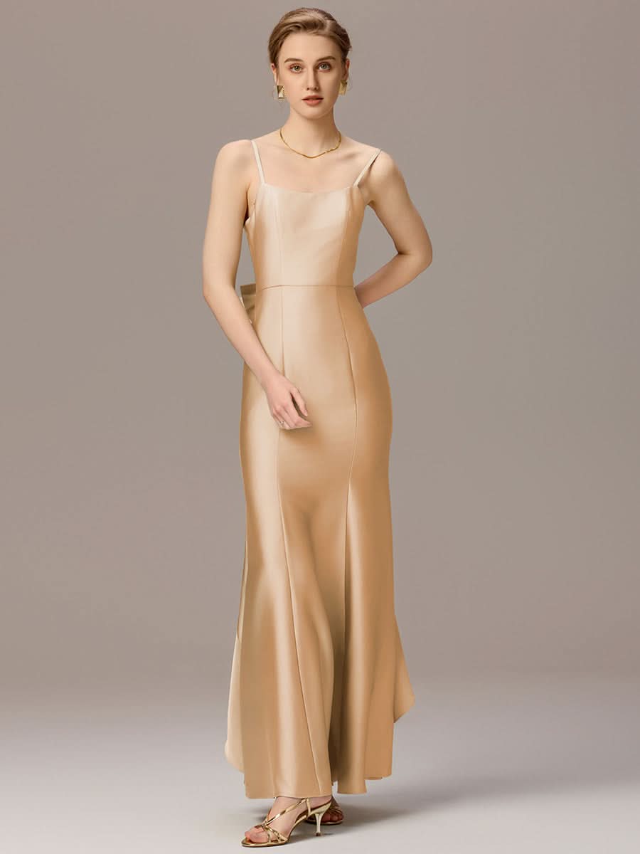Mermaid Bow Stretch Satin Maxi Bridesmaid Dress #color_Champagne