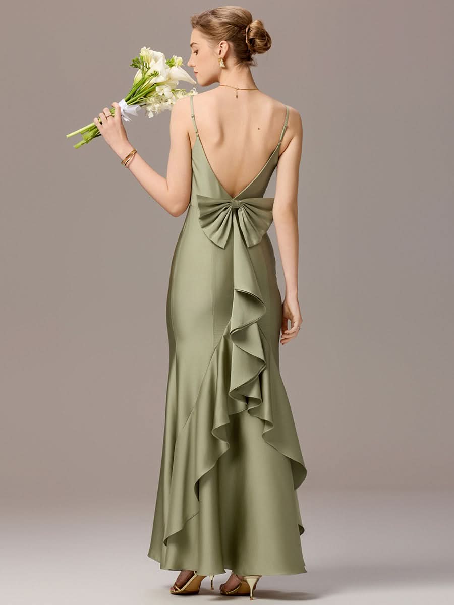 Mermaid Bow Stretch Satin Maxi Bridesmaid Dress #color_Sage Green