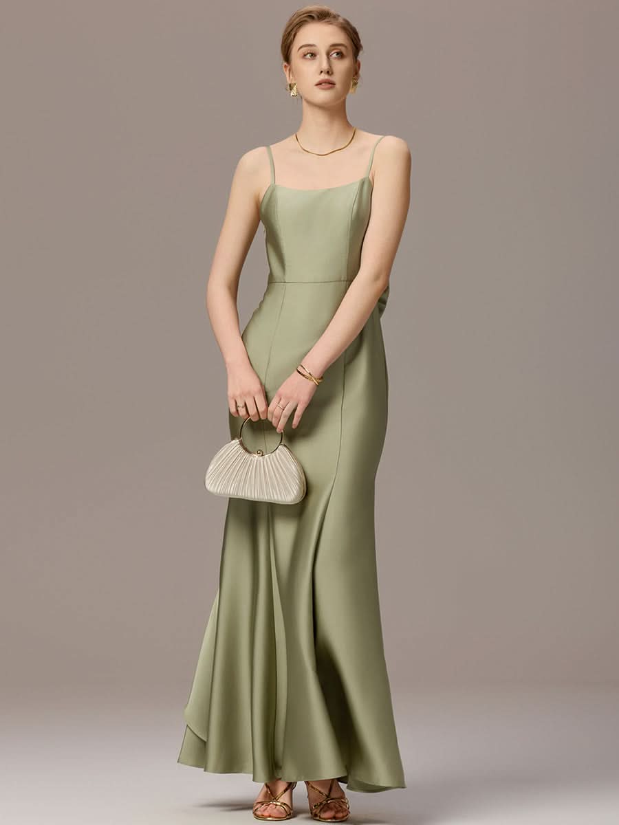 Mermaid Bow Stretch Satin Maxi Bridesmaid Dress #color_Sage Green