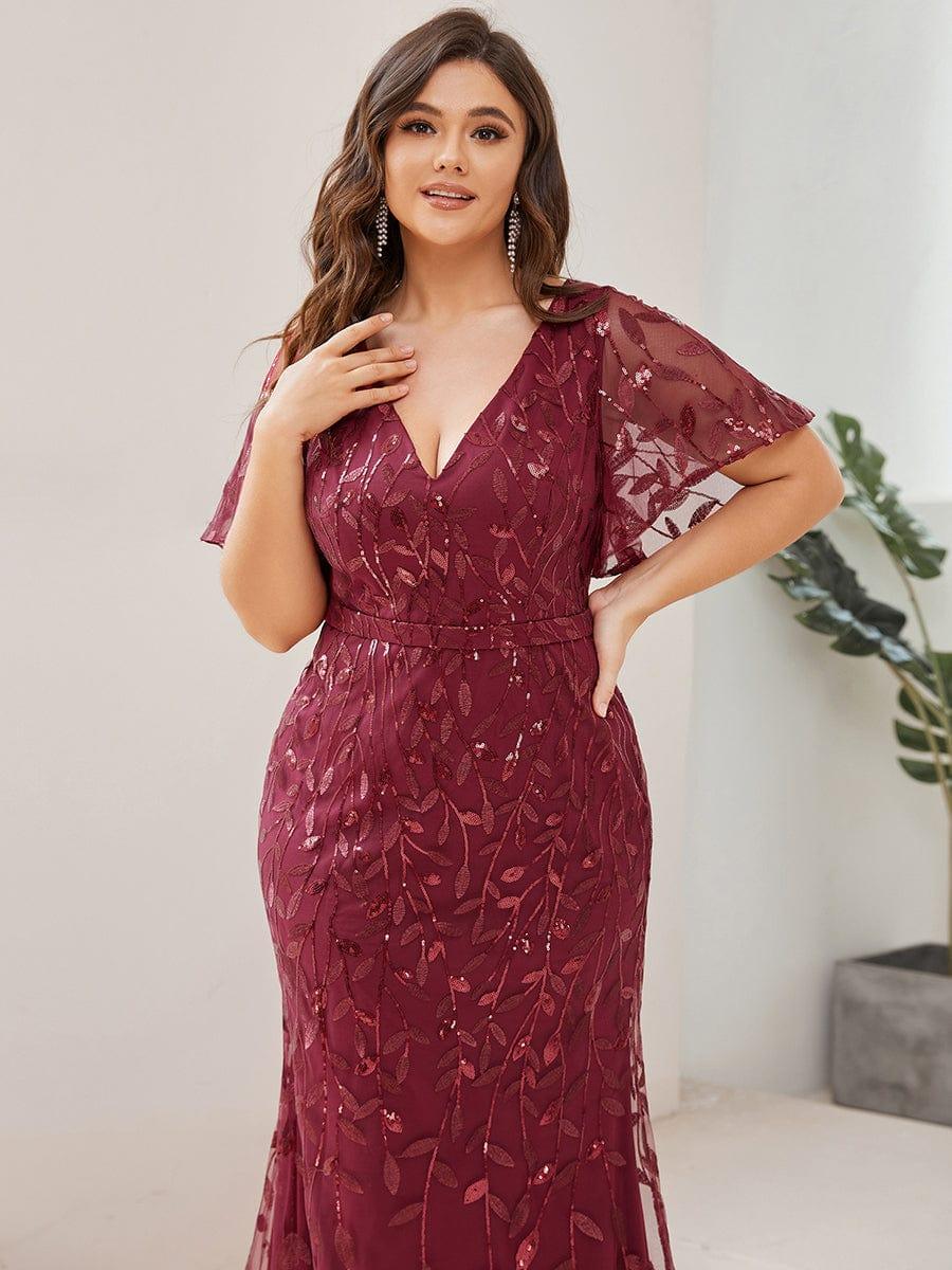 Gorgeous V Neck Leaf-Sequined Fishtail Party Dress #color_Burgundy