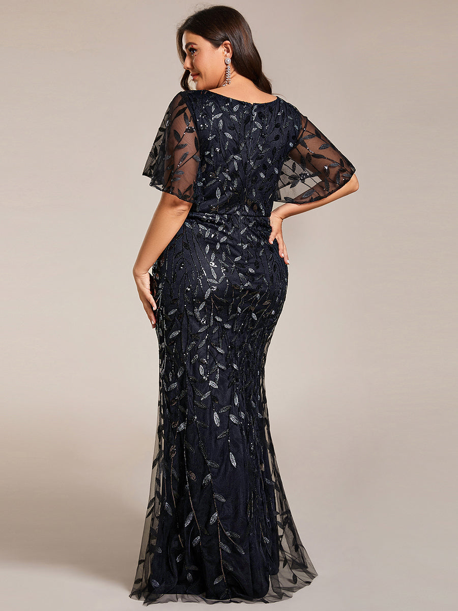 Gorgeous V Neck Leaf-Sequined Fishtail Party Dress #color_Black