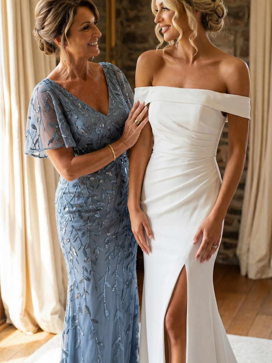 Gorgeous V Neck Leaf-Sequined Fishtail Party Dress #color_Dusty Blue