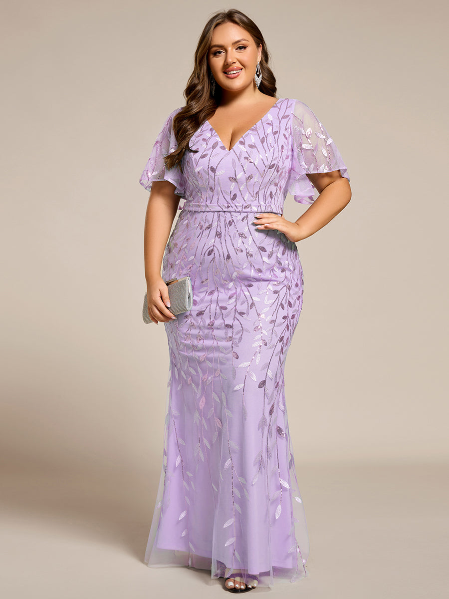Gorgeous V Neck Leaf-Sequined Fishtail Party Dress #color_Lavender