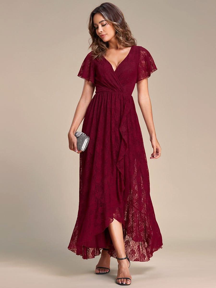 Pleated V-Neck Short Sleeve Ruffled Lace Evening Dress #color_Burgundy