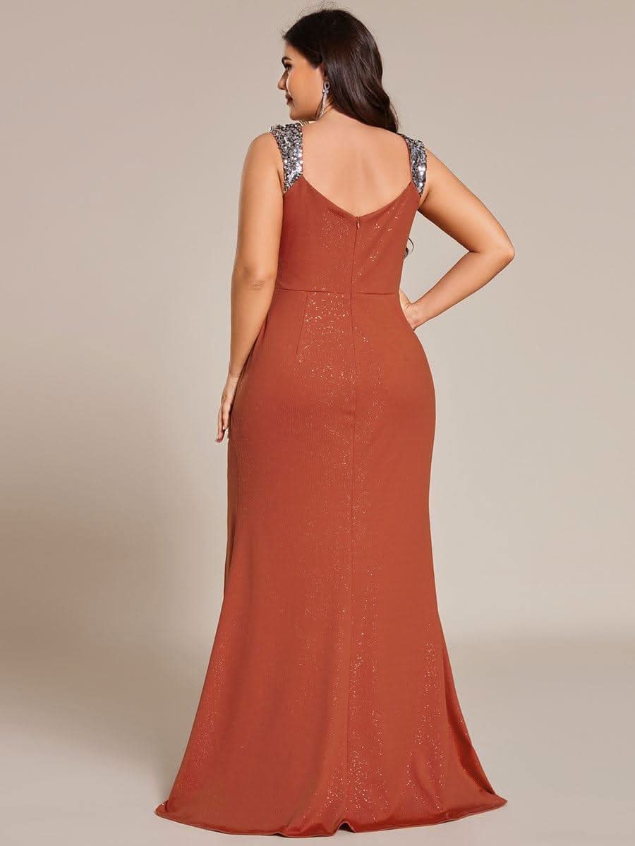Glitter V-Neck High Slit Sequin Shoulder Strap Wedding Guest Dress #color_Burnt Orange