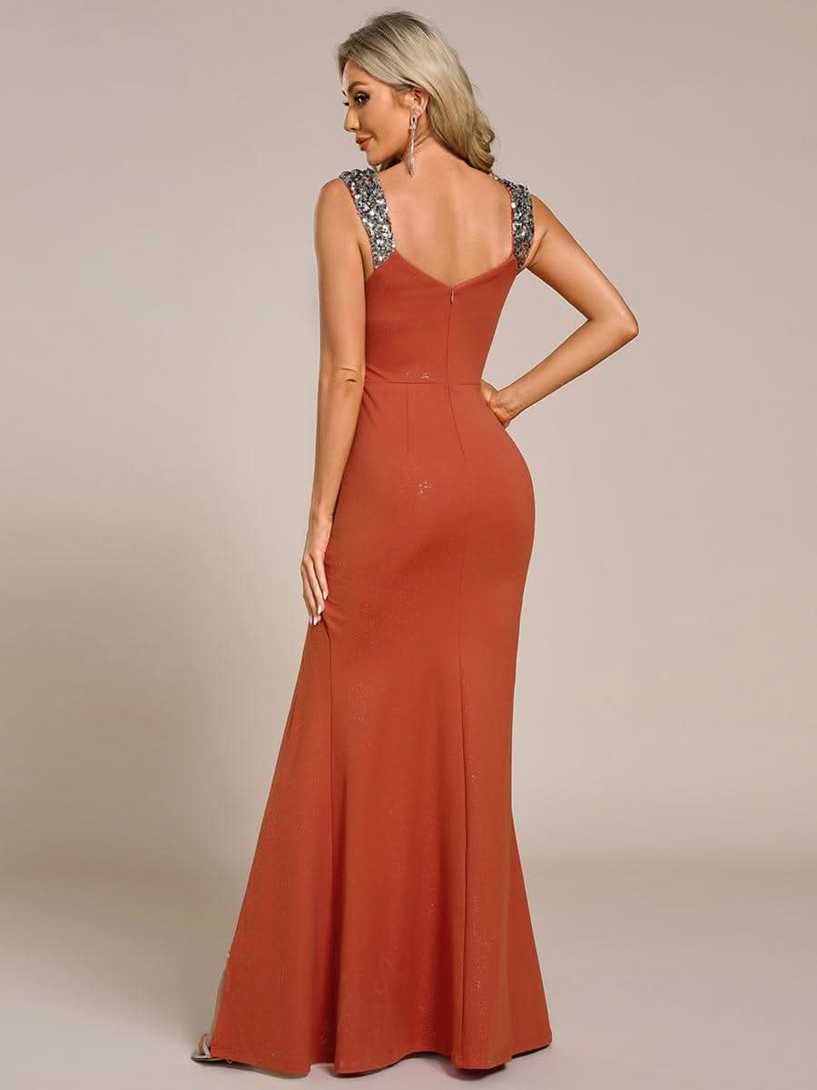 Glitter V-Neck High Slit Sequin Shoulder Strap Wedding Guest Dress #color_Burnt Orange