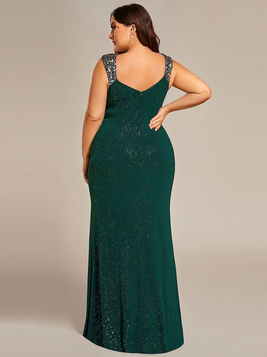 Glitter V-Neck High Slit Sequin Shoulder Strap Wedding Guest Dress #color_Dark Green