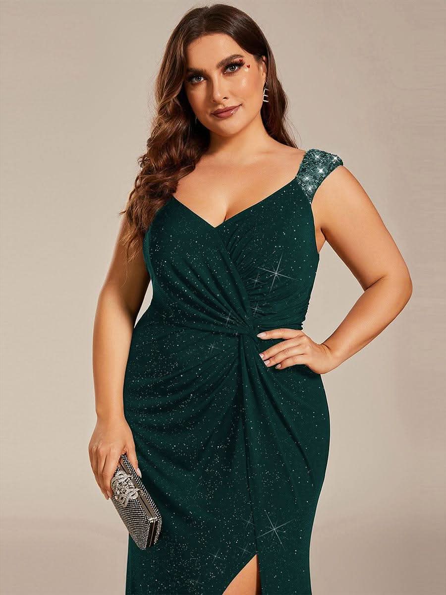 Glitter V-Neck High Slit Sequin Shoulder Strap Wedding Guest Dress #color_Dark Green