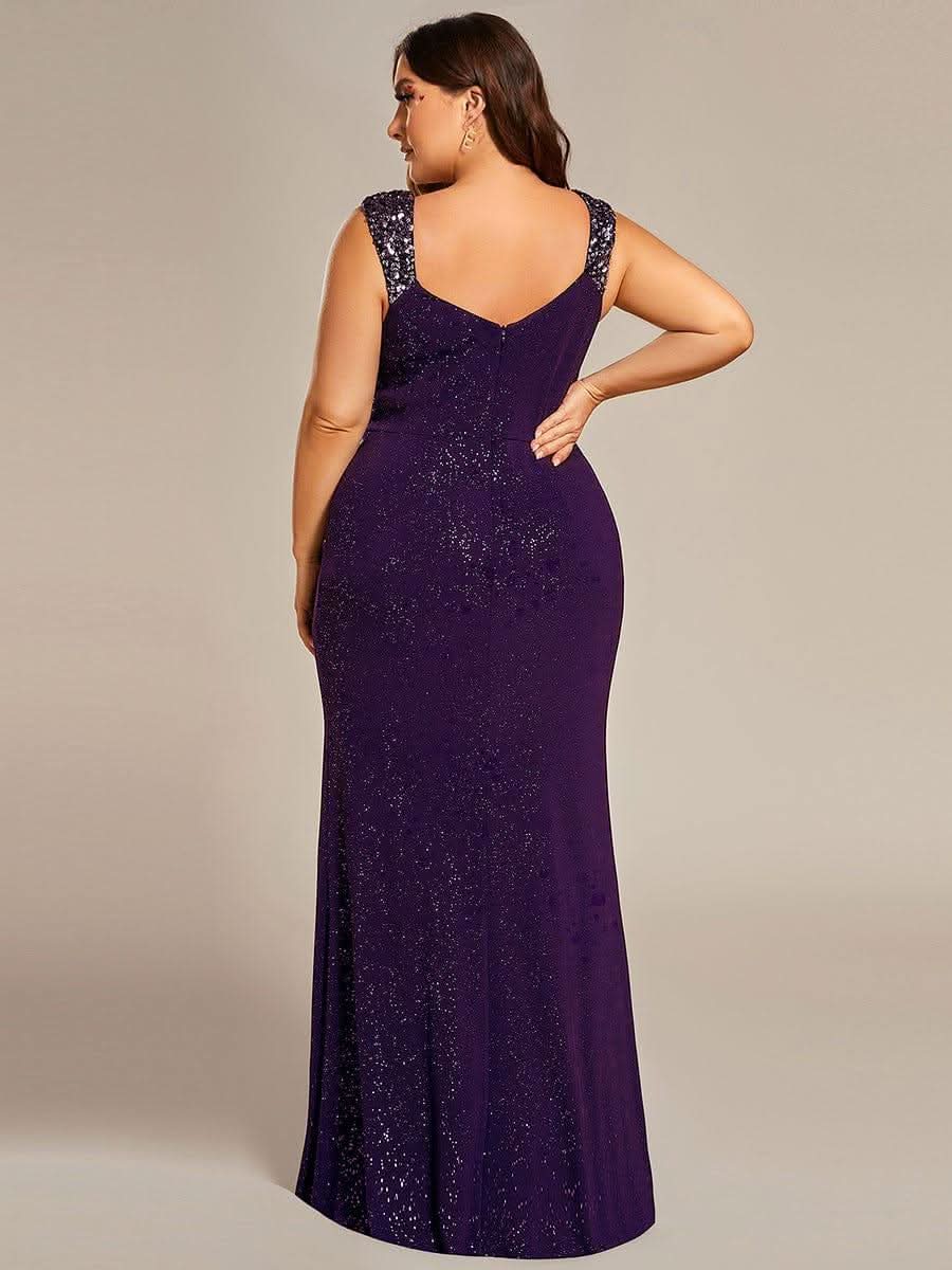 Glitter V-Neck High Slit Sequin Shoulder Strap Wedding Guest Dress #color_Dark Purple