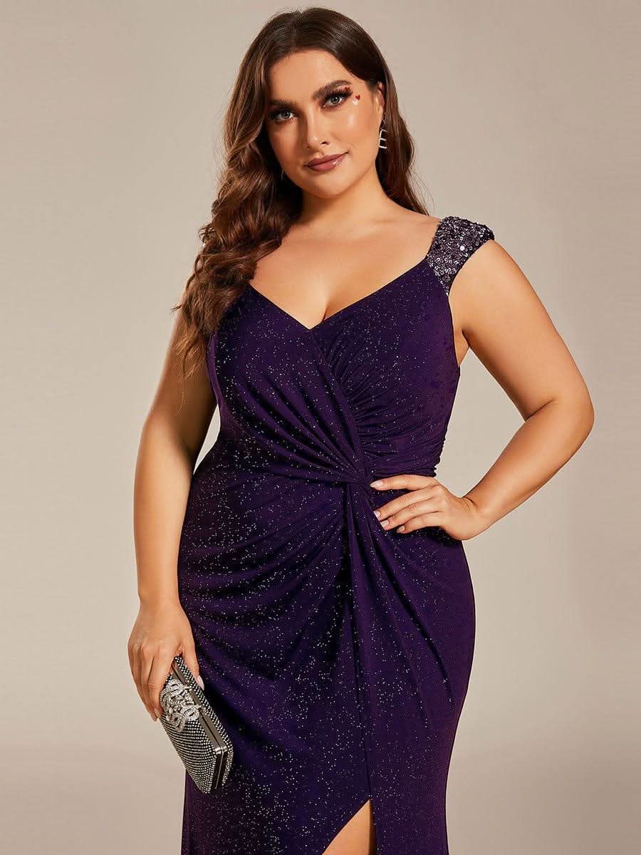 Glitter V-Neck High Slit Sequin Shoulder Strap Wedding Guest Dress #color_Dark Purple