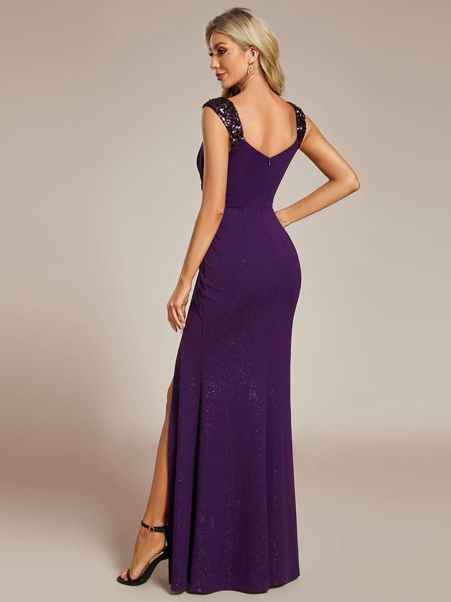 Glitter V-Neck High Slit Sequin Shoulder Strap Evening Dress #color_Dark Purple