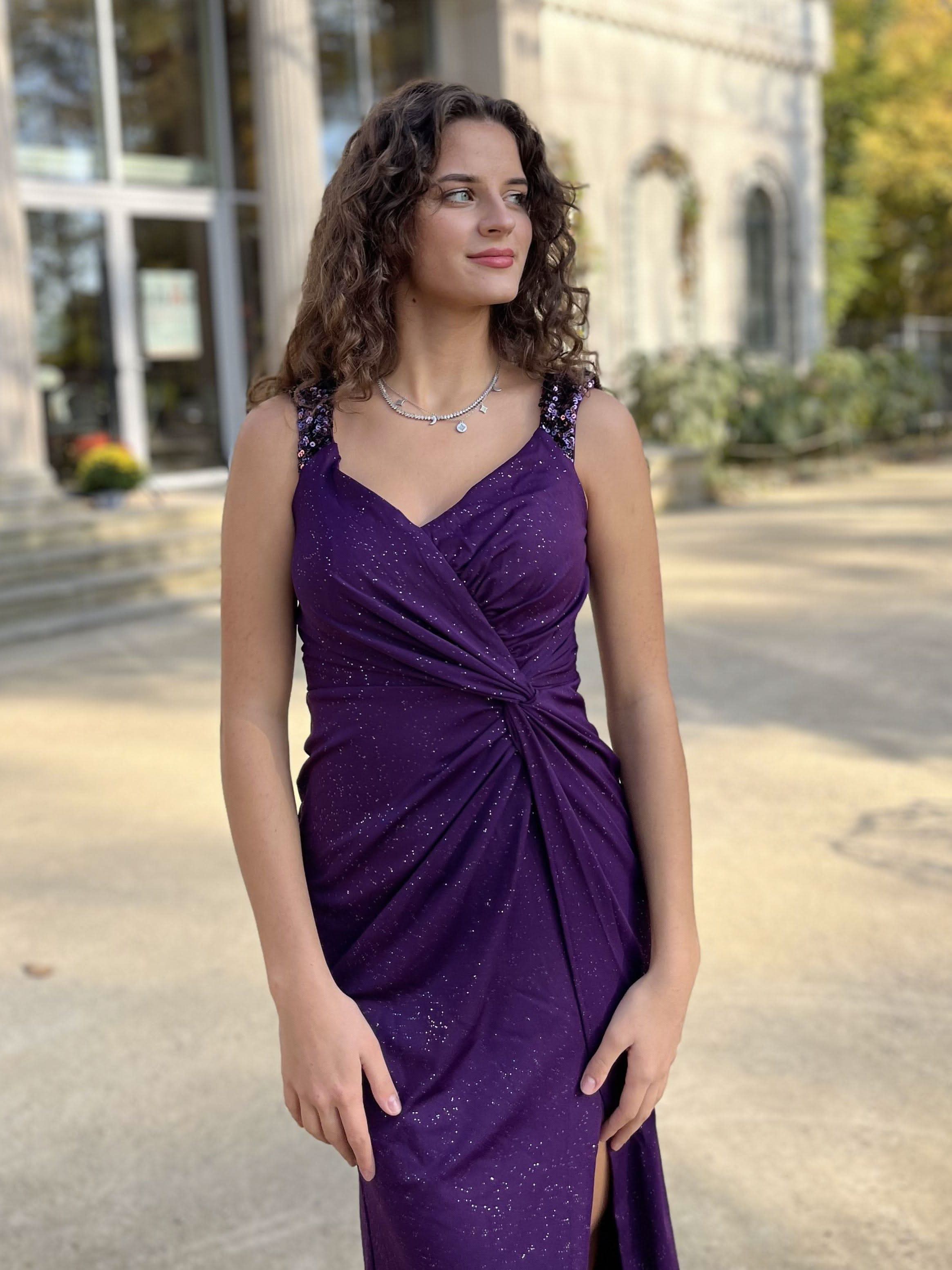 Glitter V-Neck High Slit Sequin Shoulder Strap Wedding Guest Dress #color_Dark Purple