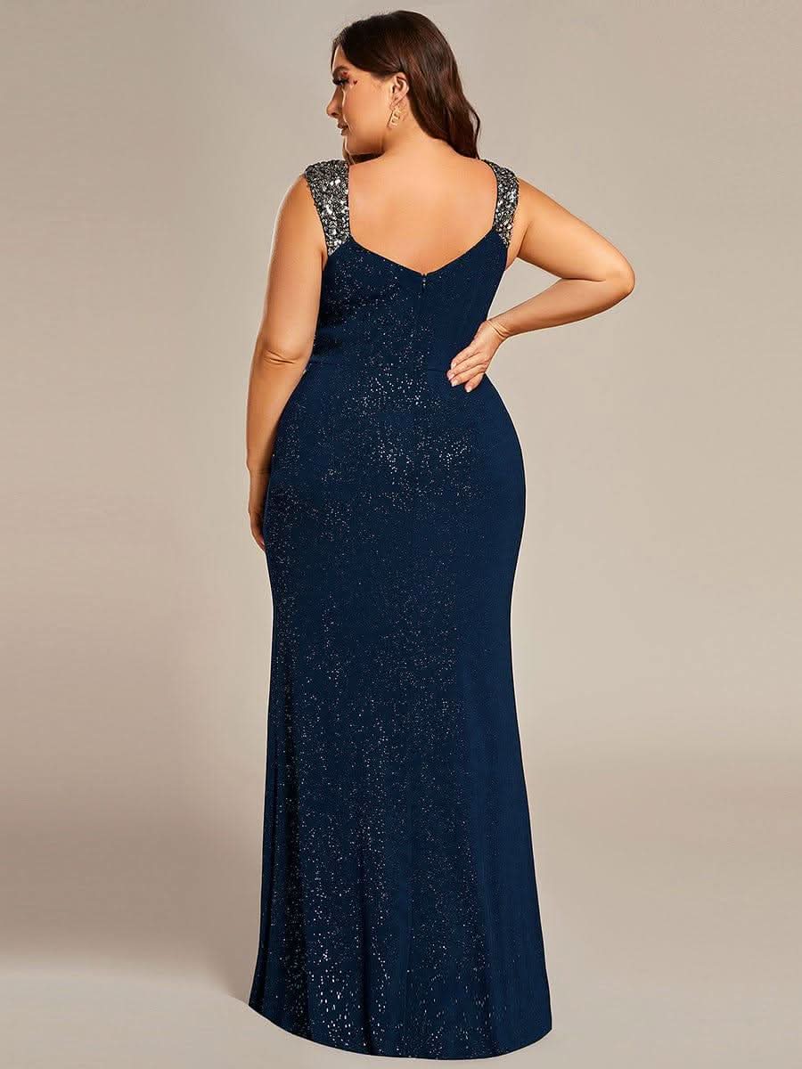 Glitter V-Neck High Slit Sequin Shoulder Strap Wedding Guest Dress #color_Navy Blue