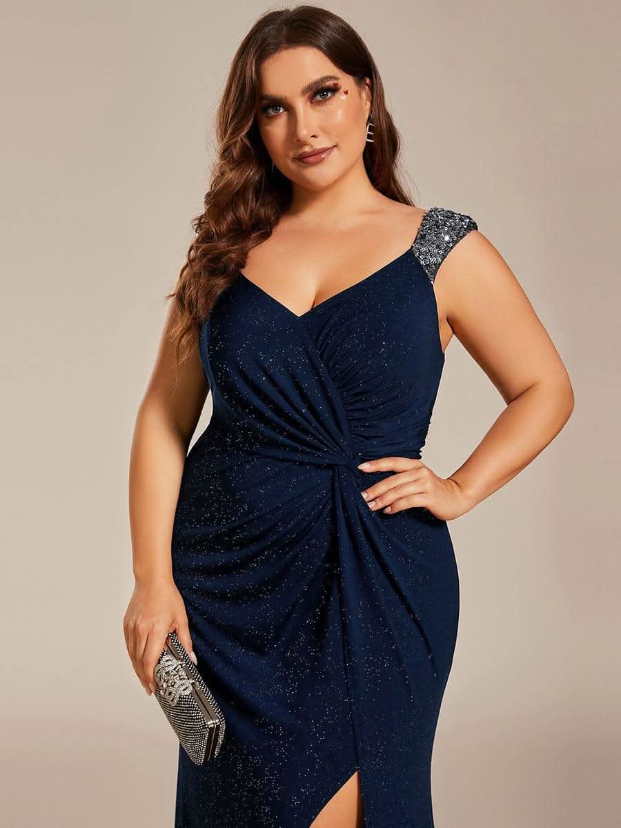 Glitter V-Neck High Slit Sequin Shoulder Strap Wedding Guest Dress #color_Navy Blue