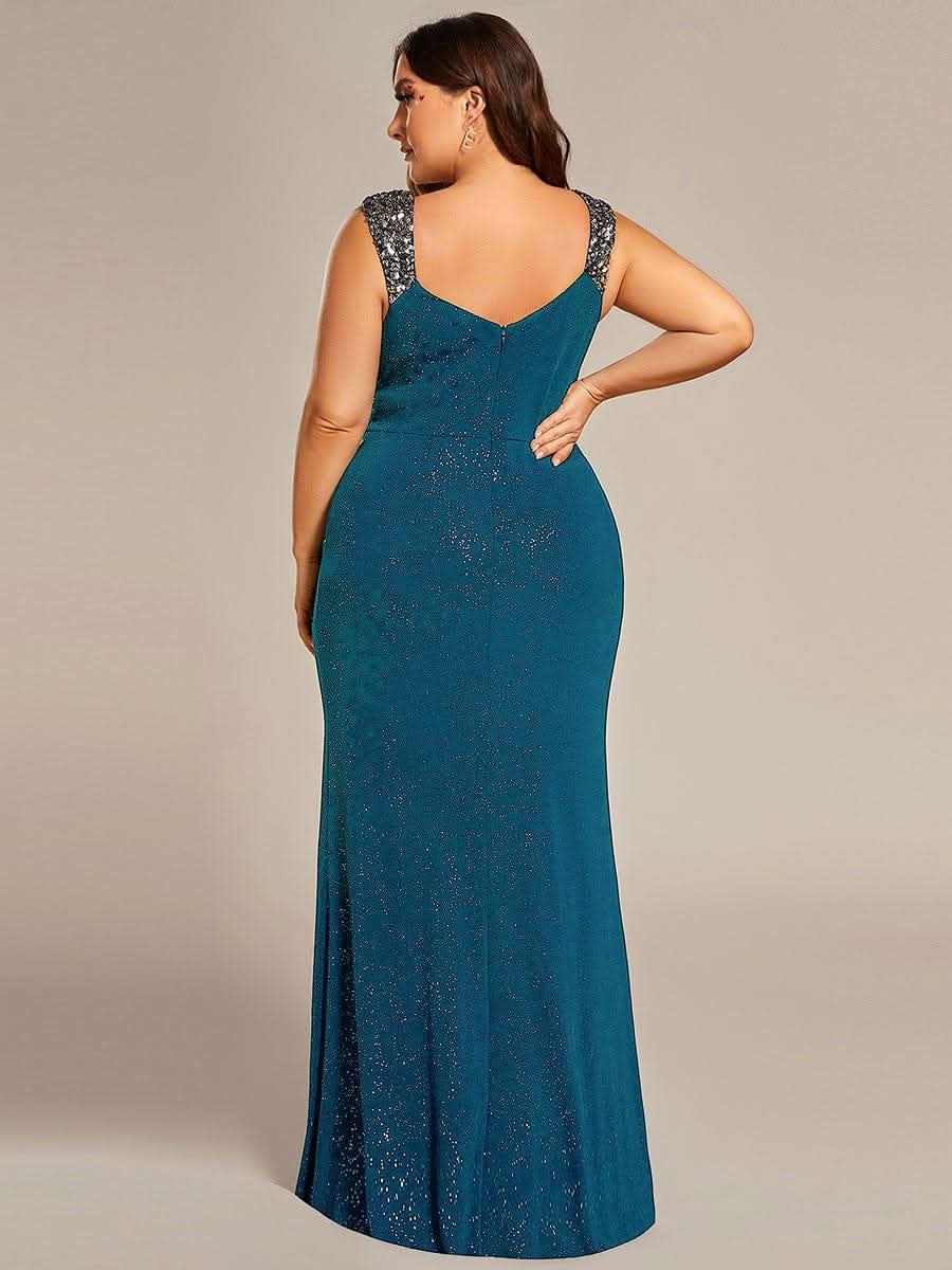 Glitter V-Neck High Slit Sequin Shoulder Strap Wedding Guest Dress #color_Teal