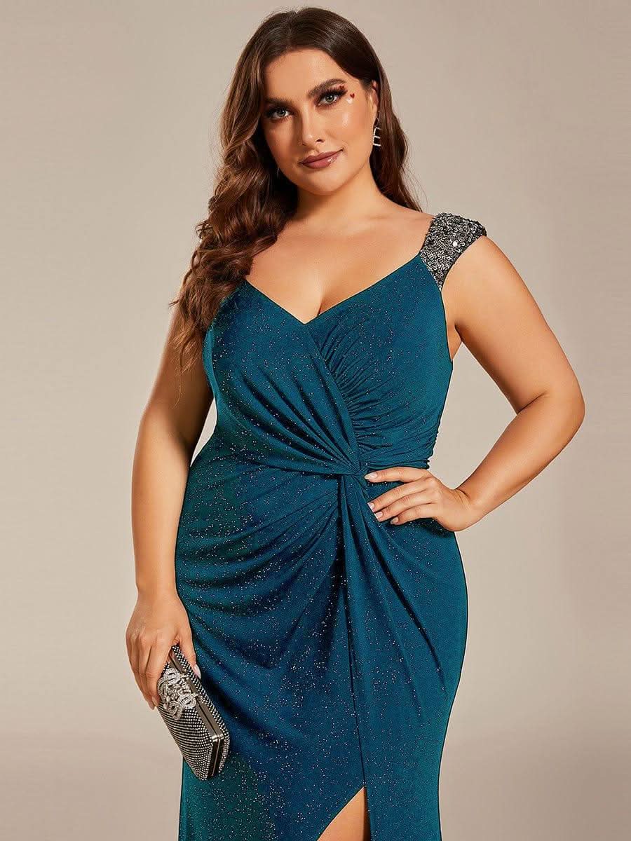 Glitter V-Neck High Slit Sequin Shoulder Strap Wedding Guest Dress #color_Teal