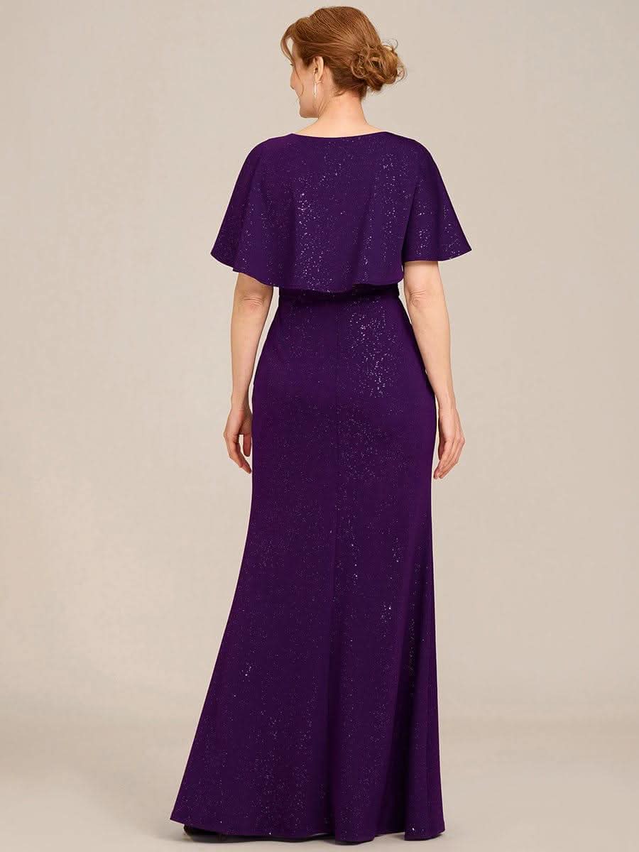 Glittery V-Neck Pleated Bat-Wing Sleeve Bodycon Waist-Cinching Evening Dress #color_Dark Purple