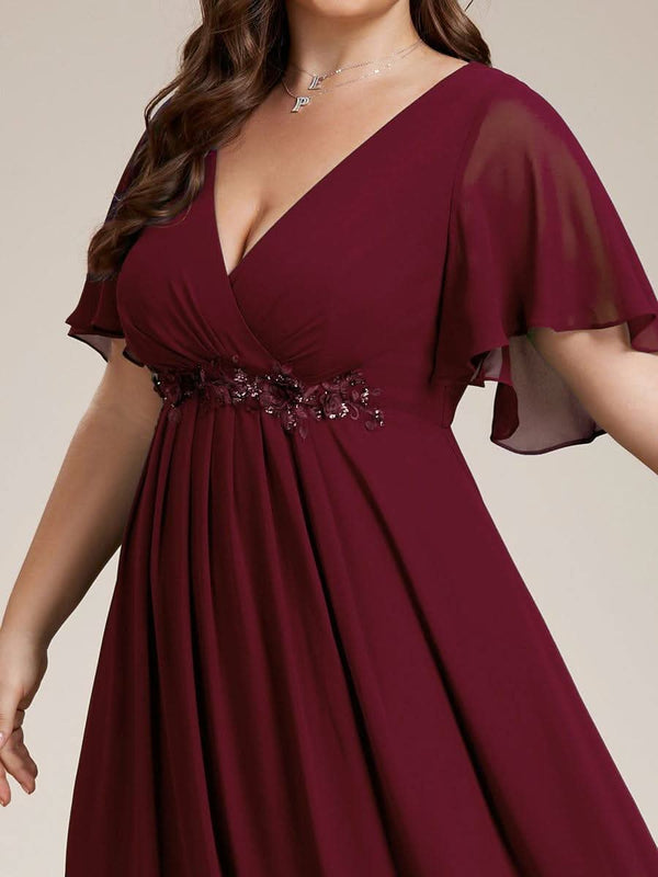 Ruffles Sleeve A-Line Chiffon Waist Applique Maxi Evening Dress #color_Dusty Blue ever IVYROSE|Ruffles Sleeve A-Line Chiffon Waist Applique Maxi Wedding Guest Dress