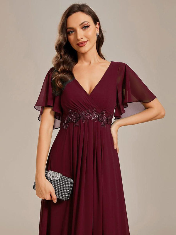 Ruffles Sleeve A-Line Chiffon Waist Applique Maxi Evening Dress #color_Dusty Blue ever IVYROSE|Ruffles Sleeve A-Line Chiffon Waist Applique Maxi Wedding Guest Dress