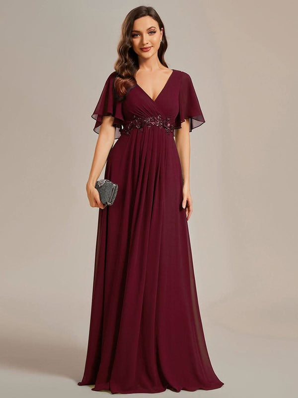 Ruffles Sleeve A-Line Chiffon Waist Applique Maxi Evening Dress #color_Dusty Blue ever IVYROSE|Ruffles Sleeve A-Line Chiffon Waist Applique Maxi Wedding Guest Dress