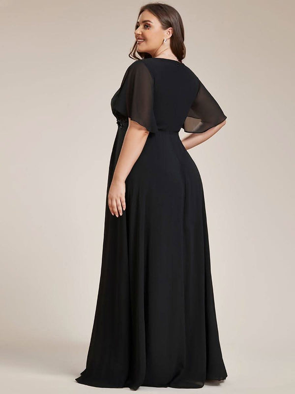 Ruffles Sleeve A-Line Chiffon Waist Applique Maxi Evening Dress #color_Dusty Blue ever IVYROSE|Ruffles Sleeve A-Line Chiffon Waist Applique Maxi Wedding Guest Dress