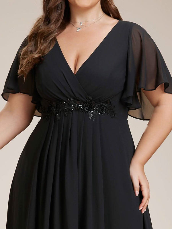 Ruffles Sleeve A-Line Chiffon Waist Applique Maxi Evening Dress #color_Dusty Blue ever IVYROSE|Ruffles Sleeve A-Line Chiffon Waist Applique Maxi Wedding Guest Dress
