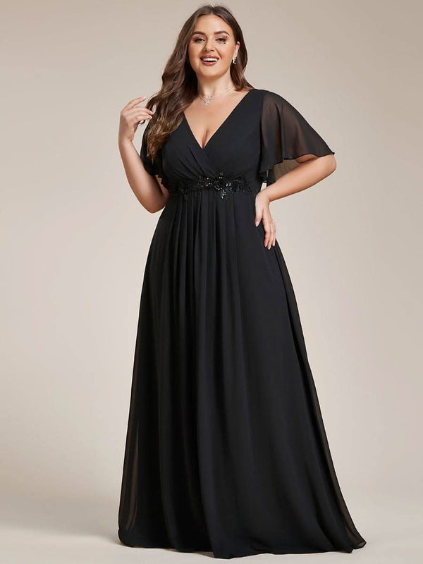 Ruffles Sleeve A-Line Chiffon Waist Applique Maxi Evening Dress #color_Dusty Blue ever IVYROSE|Ruffles Sleeve A-Line Chiffon Waist Applique Maxi Wedding Guest Dress