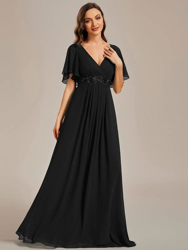Ruffles Sleeve A-Line Chiffon Waist Applique Maxi Evening Dress #color_Dusty Blue ever IVYROSE|Ruffles Sleeve A-Line Chiffon Waist Applique Maxi Wedding Guest Dress