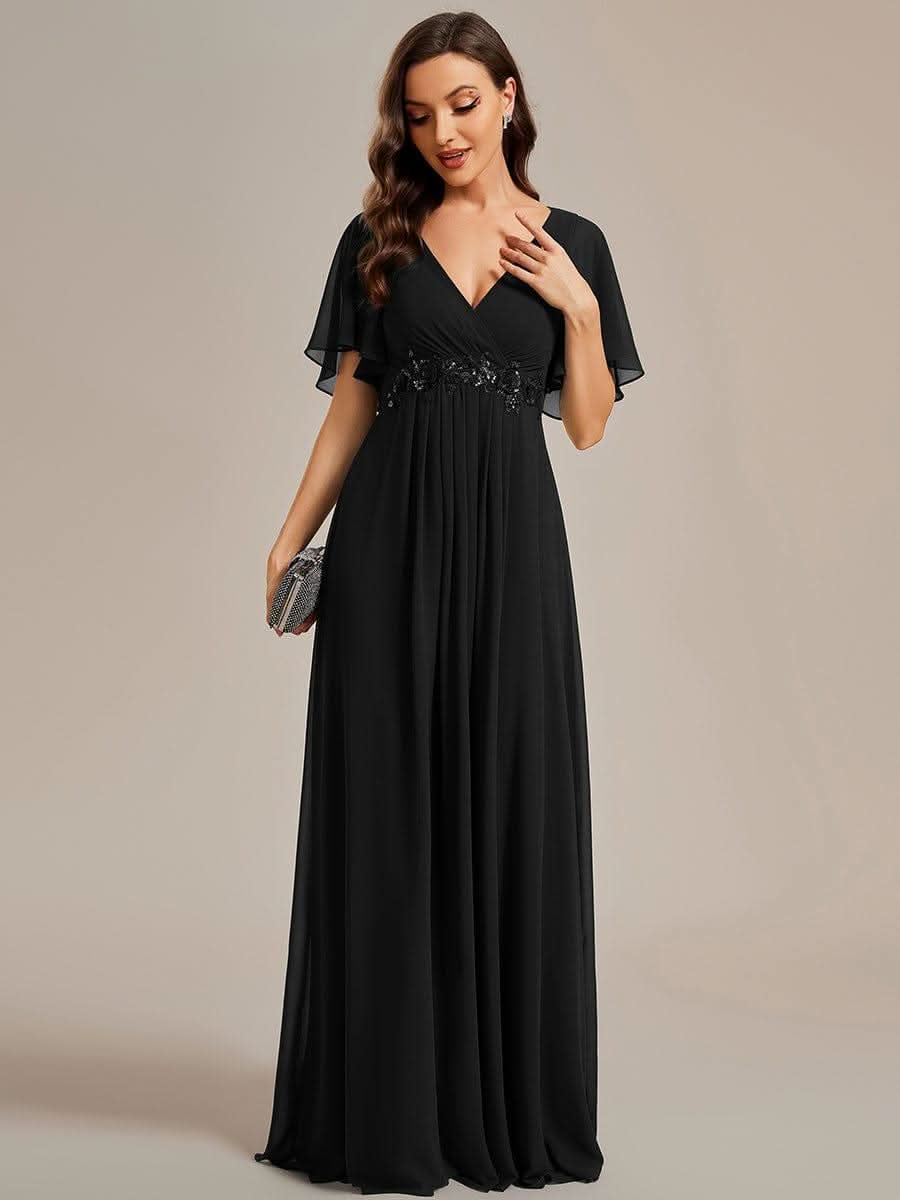 Ruffles Sleeve A-Line Chiffon Waist Applique Maxi Evening Dress #color_Black
