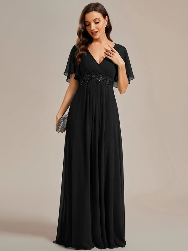 Ruffles Sleeve A-Line Chiffon Waist Applique Maxi Evening Dress #color_Dusty Blue ever IVYROSE|Ruffles Sleeve A-Line Chiffon Waist Applique Maxi Wedding Guest Dress