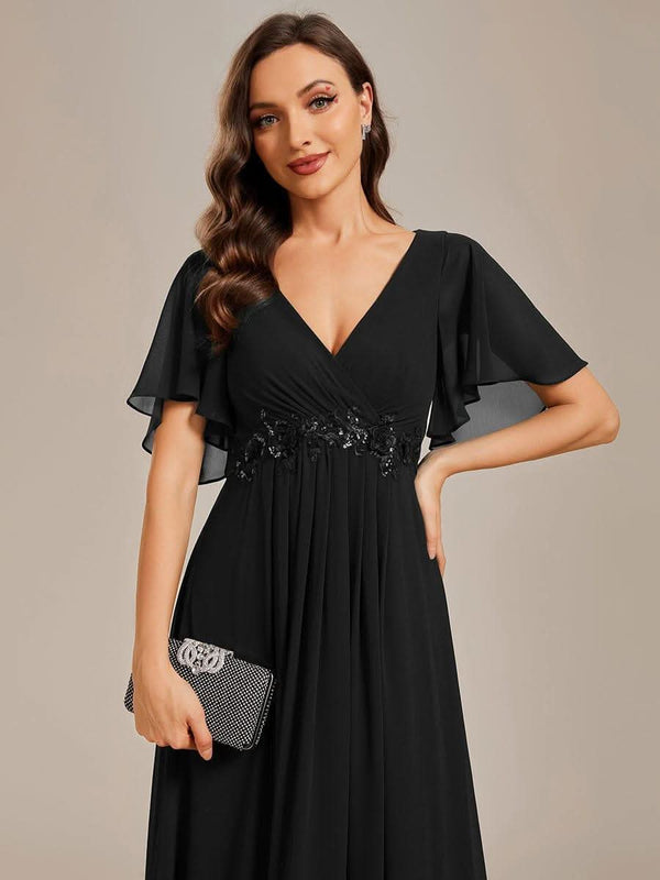 Ruffles Sleeve A-Line Chiffon Waist Applique Maxi Evening Dress #color_Dusty Blue ever IVYROSE|Ruffles Sleeve A-Line Chiffon Waist Applique Maxi Wedding Guest Dress