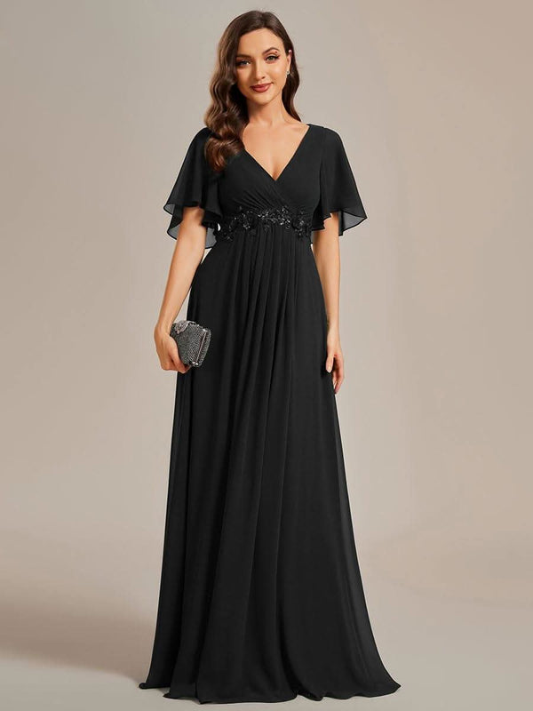 Ruffles Sleeve A-Line Chiffon Waist Applique Maxi Evening Dress #color_Dusty Blue ever IVYROSE|Ruffles Sleeve A-Line Chiffon Waist Applique Maxi Wedding Guest Dress