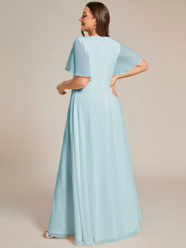 Ruffles Sleeve A-Line Chiffon Waist Applique Maxi Evening Dress #color_Dusty Blue ever IVYROSE|Ruffles Sleeve A-Line Chiffon Waist Applique Maxi Wedding Guest Dress