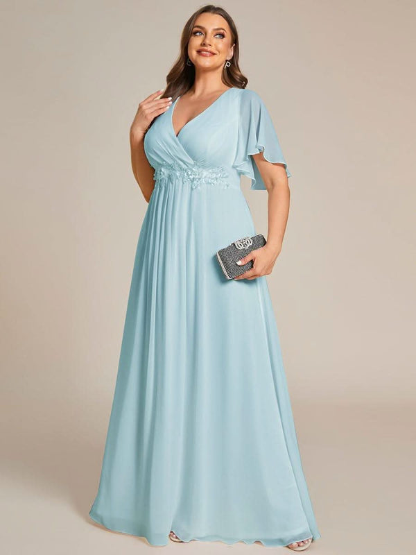 Ruffles Sleeve A-Line Chiffon Waist Applique Maxi Evening Dress #color_Dusty Blue ever IVYROSE|Ruffles Sleeve A-Line Chiffon Waist Applique Maxi Wedding Guest Dress