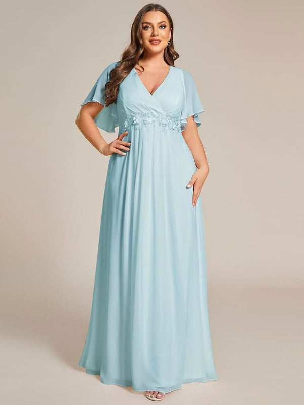 Ruffles Sleeve A-Line Chiffon Waist Applique Maxi Evening Dress #color_Dusty Blue ever IVYROSE|Ruffles Sleeve A-Line Chiffon Waist Applique Maxi Wedding Guest Dress