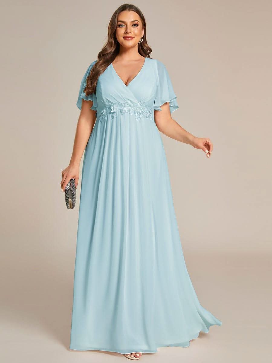 Ruffles Sleeve A-Line Chiffon Waist Applique Maxi Evening Dress #color_Sky Blue