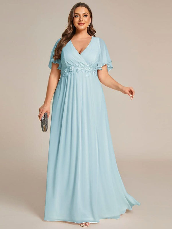 Ruffles Sleeve A-Line Chiffon Waist Applique Maxi Evening Dress #color_Dusty Blue ever IVYROSE|Ruffles Sleeve A-Line Chiffon Waist Applique Maxi Wedding Guest Dress